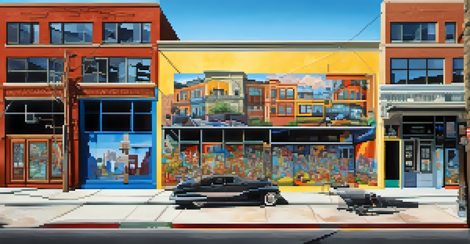 An outdoor gallery in Roosevelt Row, showcasing vibrant street art and reflecting architecture.