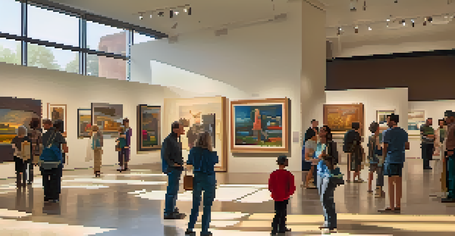An art gallery filled with visitors admiring artworks and interacting with local artists.