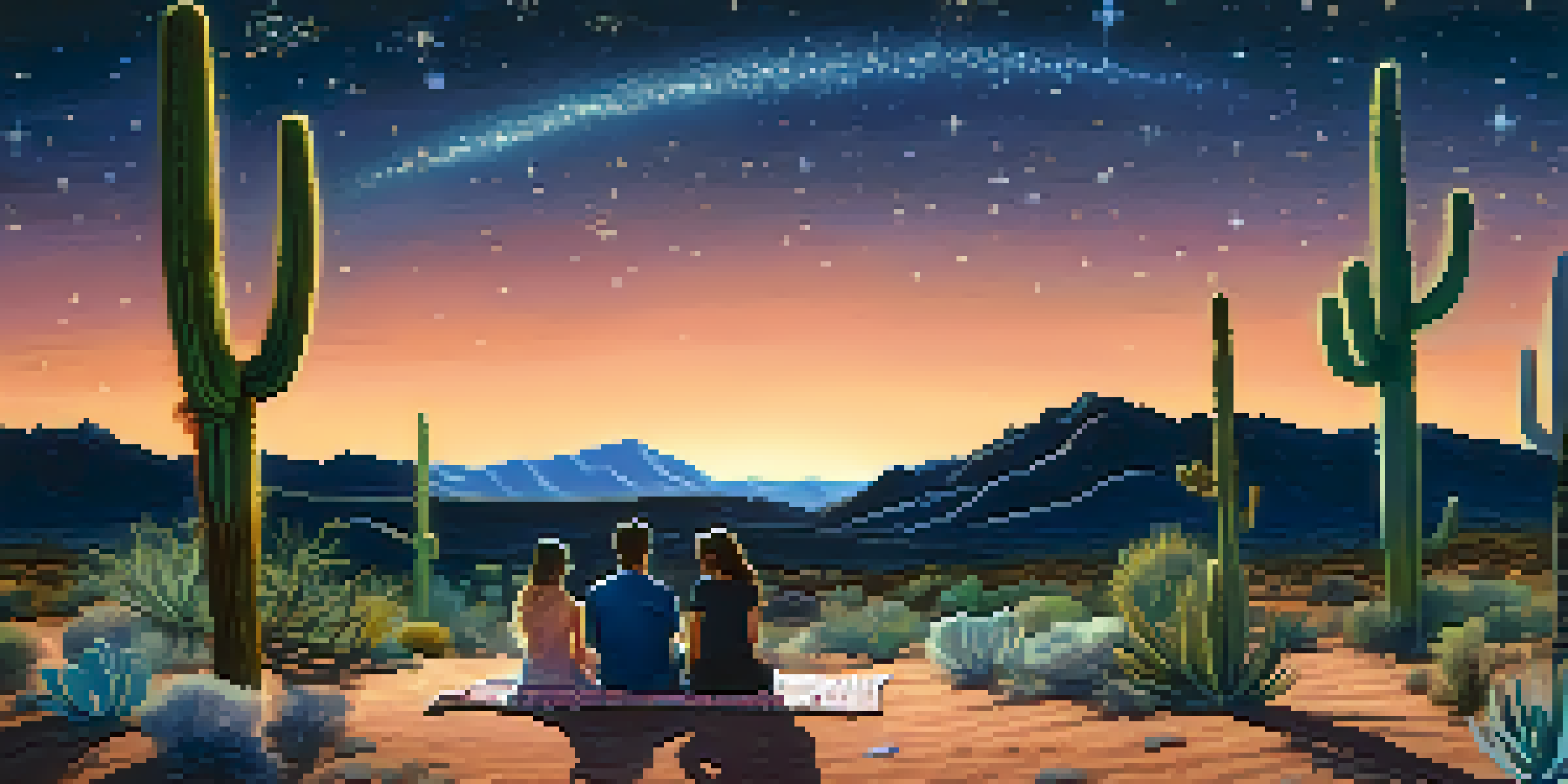 A couple stargazing on a picnic blanket in a desert landscape under a star-filled sky.