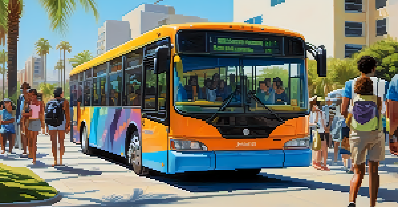 A modern Phoenix bus at a bus stop with passengers using smartphones, set against a sunny urban backdrop.