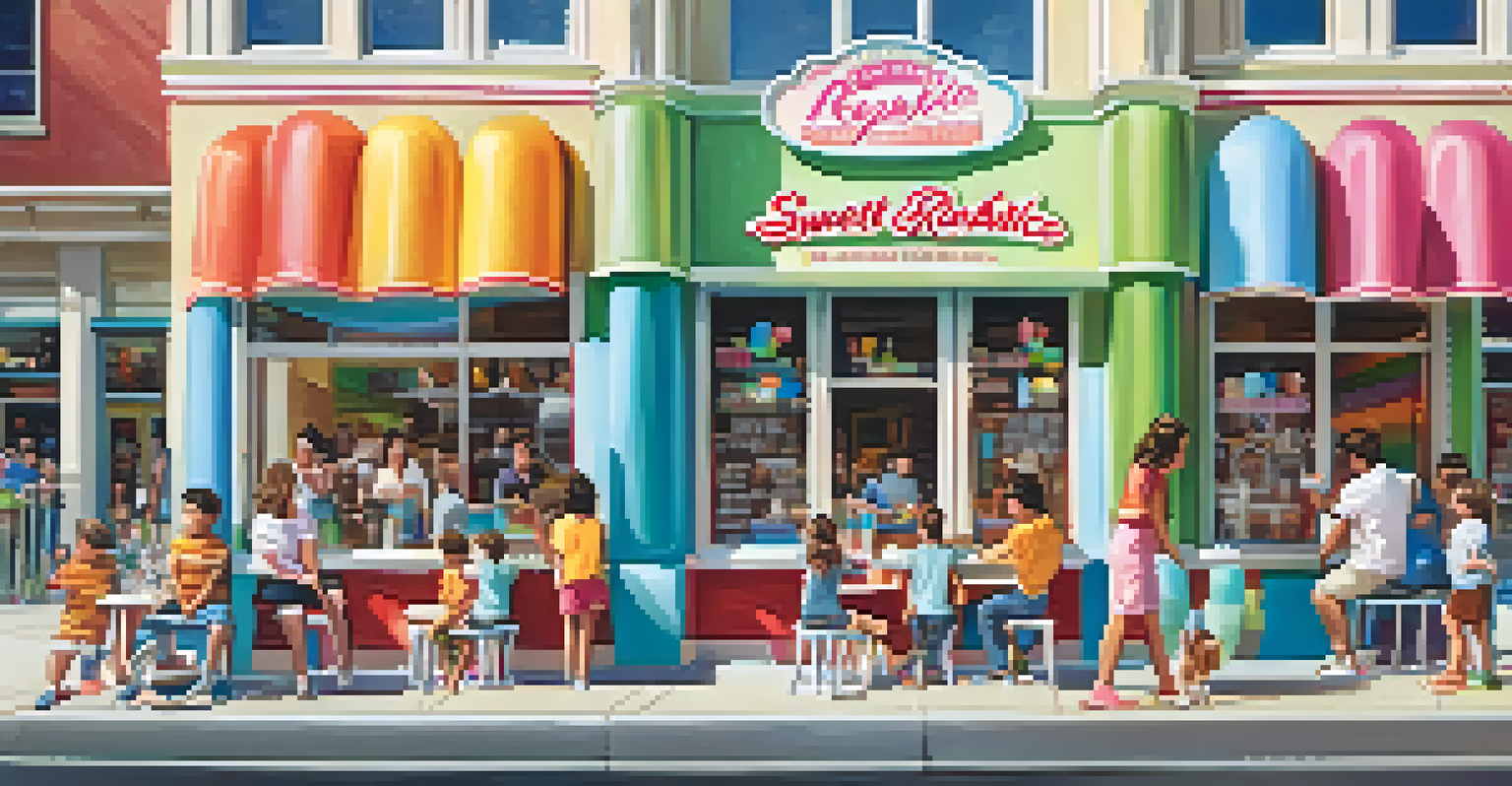 A family enjoying ice cream in a bright shop, with children choosing toppings to create custom sundaes under a sunny sky.