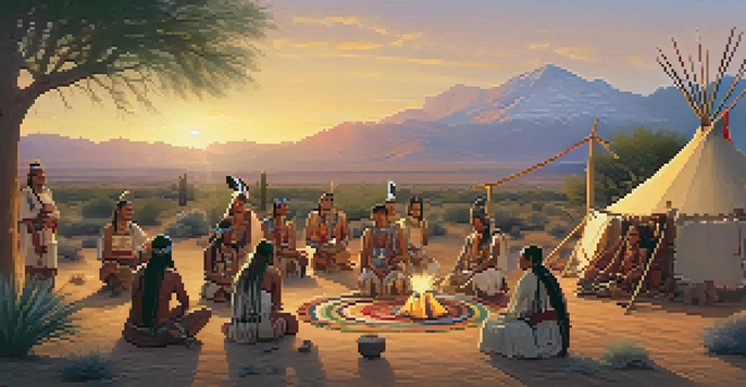 A Native American community gathering at sunset, showcasing traditional attire and cultural artifacts amidst a beautiful desert landscape.