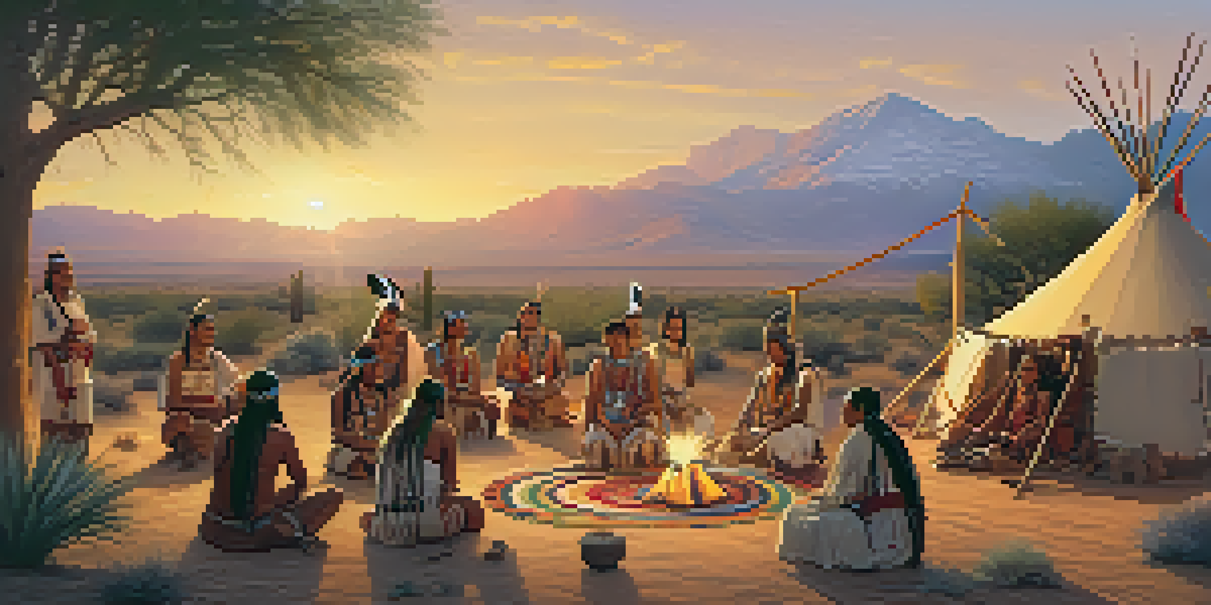 A Native American community gathering at sunset, showcasing traditional attire and cultural artifacts amidst a beautiful desert landscape.