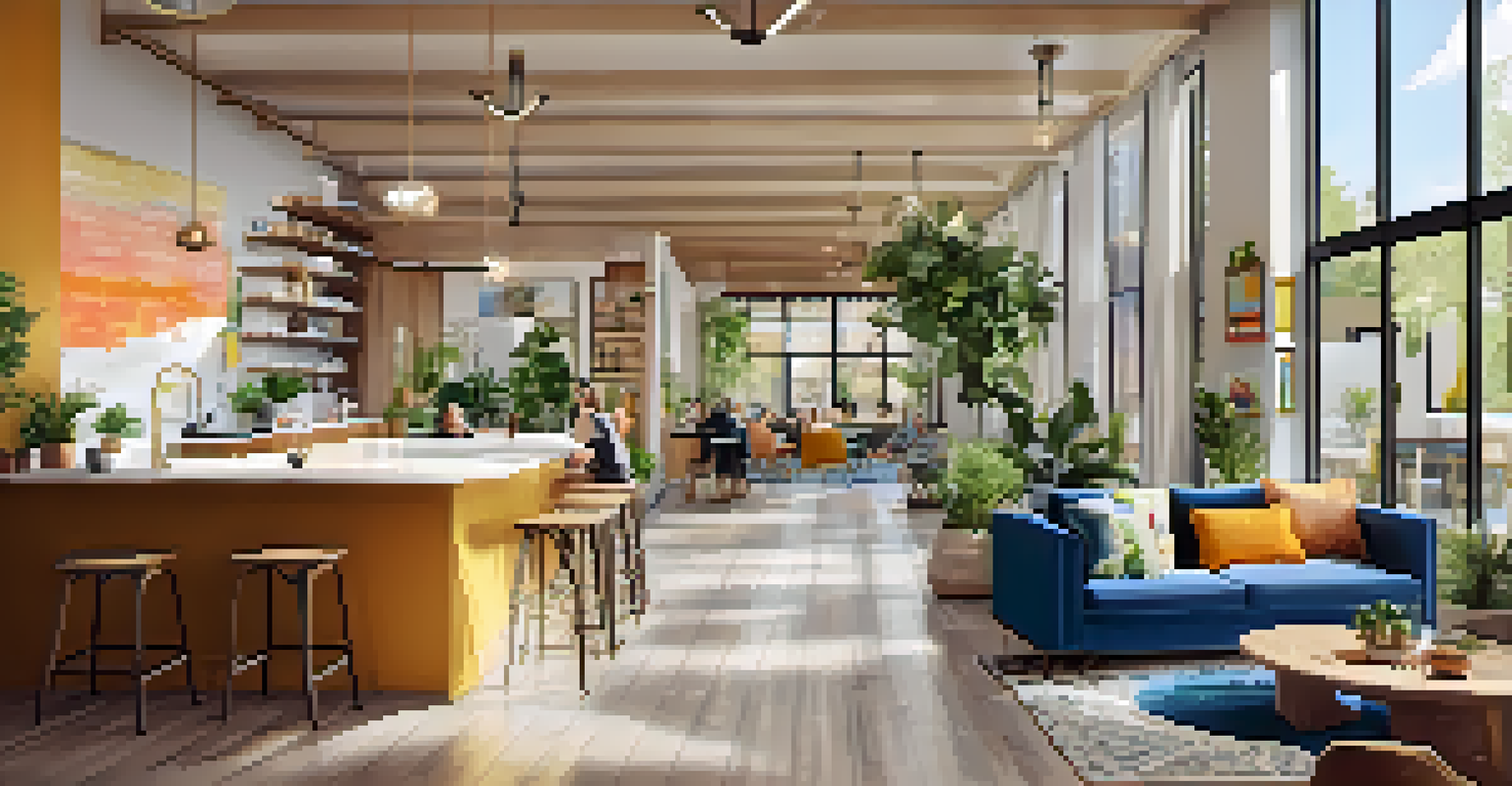 A lively co-living space with young professionals gathering in a communal area with modern amenities.