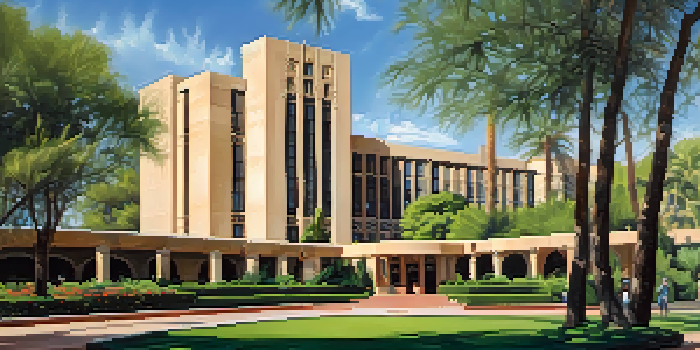 A view of the Arizona Biltmore Hotel featuring mid-century modern architecture and lush gardens under a bright blue sky.