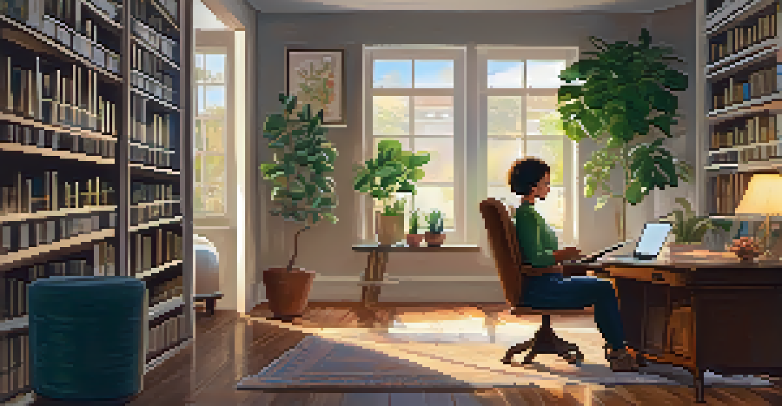 An individual practicing a speech in front of a mirror in a cozy home setting, surrounded by books and plants.