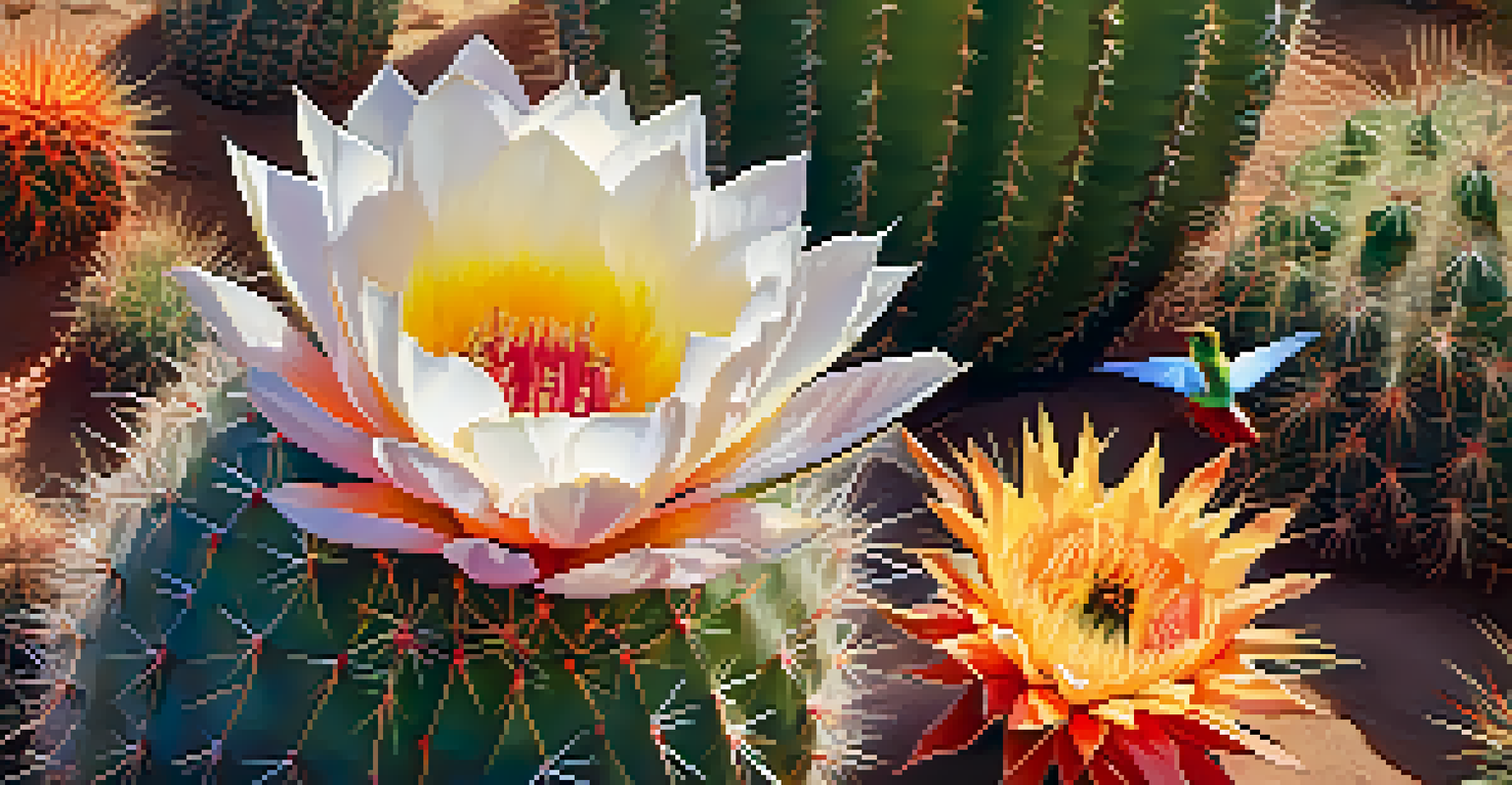 A close-up of a blooming cactus flower in the Desert Botanical Garden, with a hummingbird hovering nearby and soft sunlight filtering through the scene.