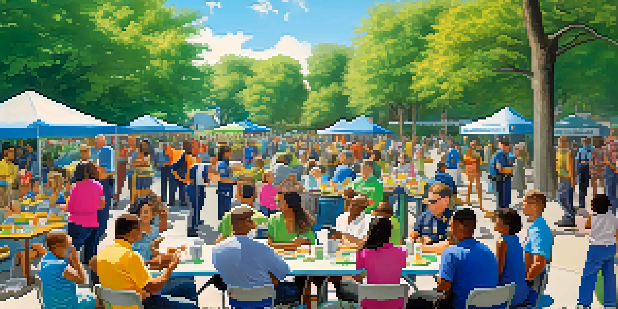 Community members enjoying a sunny day in the park, engaging with smiling police officers over coffee, with families and children present.