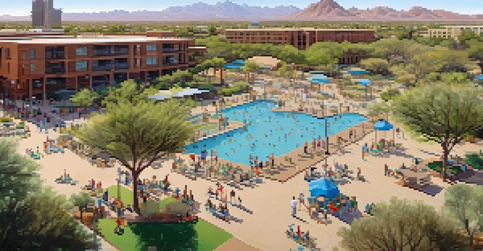 An aerial view of a lively urban park in Phoenix with families enjoying shaded spaces and sustainable features amidst tall buildings.