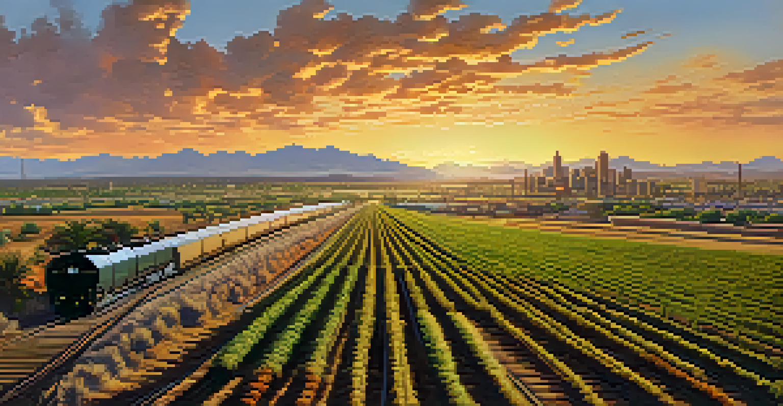 A panoramic view of Phoenix's agricultural fields with a railroad track and farmers loading produce onto a train, symbolizing agricultural growth.