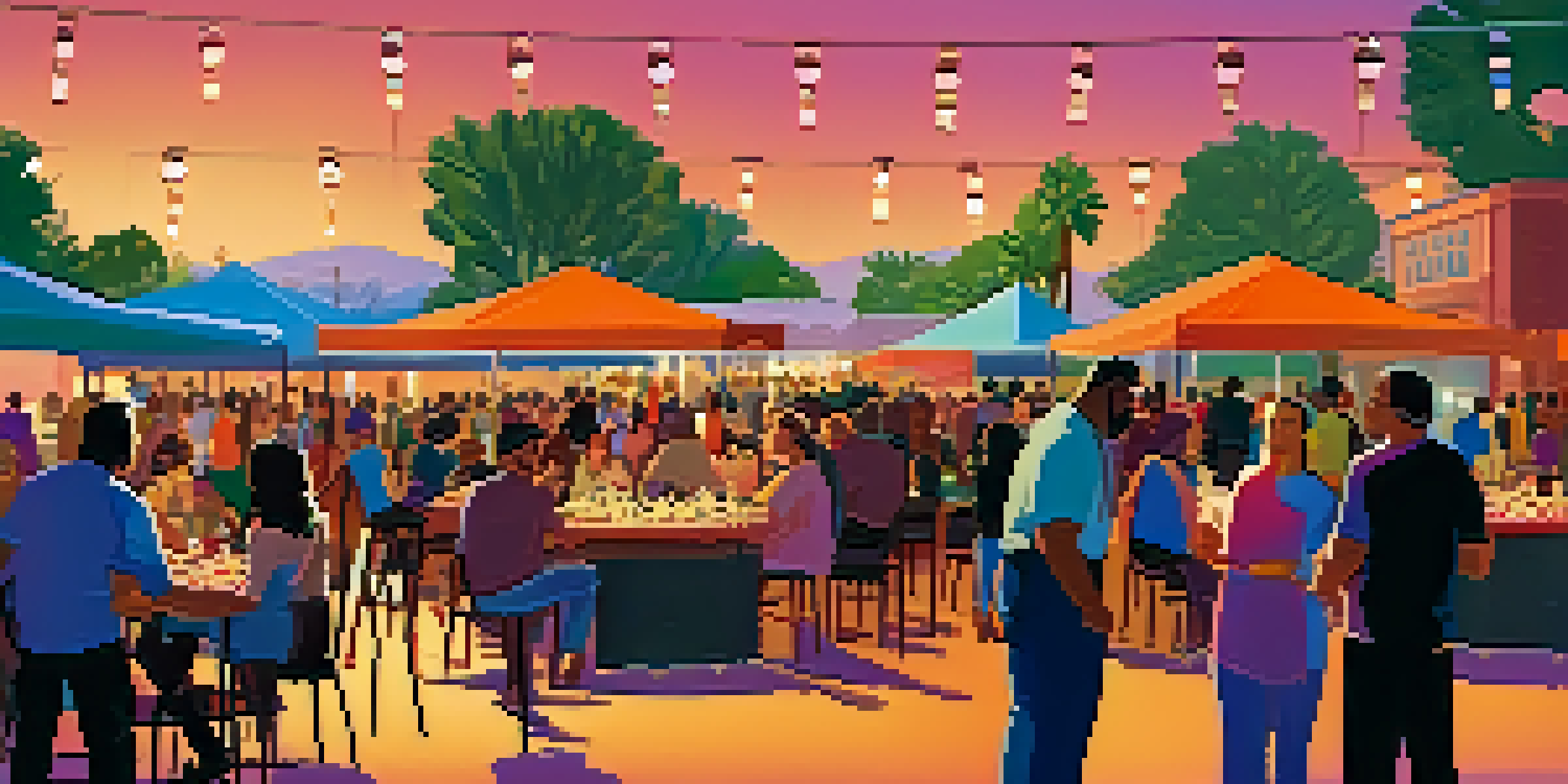 An outdoor film festival in Phoenix with people enjoying films, food stalls, and colorful string lights under a sunset.