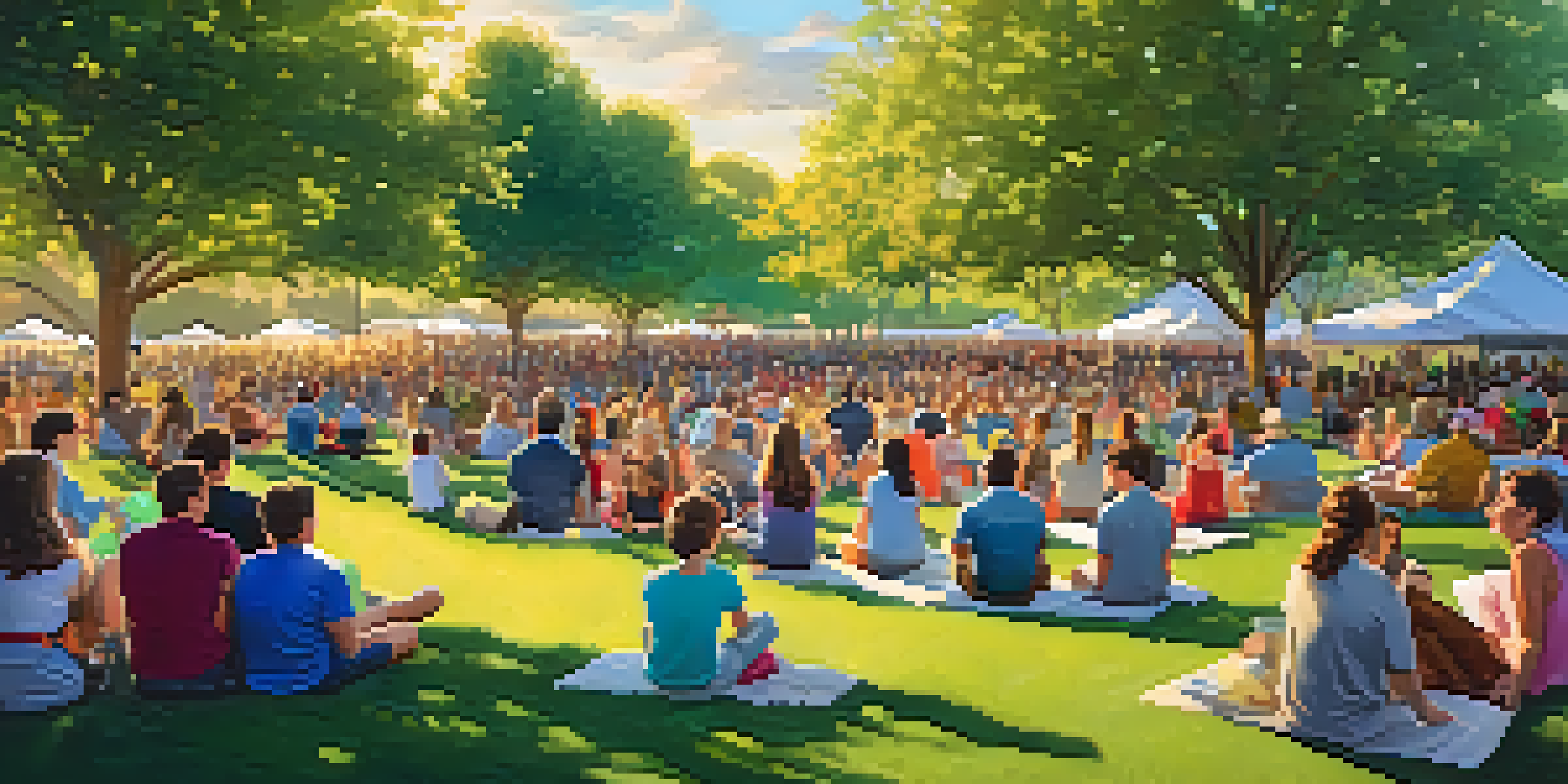 A family enjoying a live musical performance at an outdoor venue, surrounded by greenery and a diverse audience under a sunset.