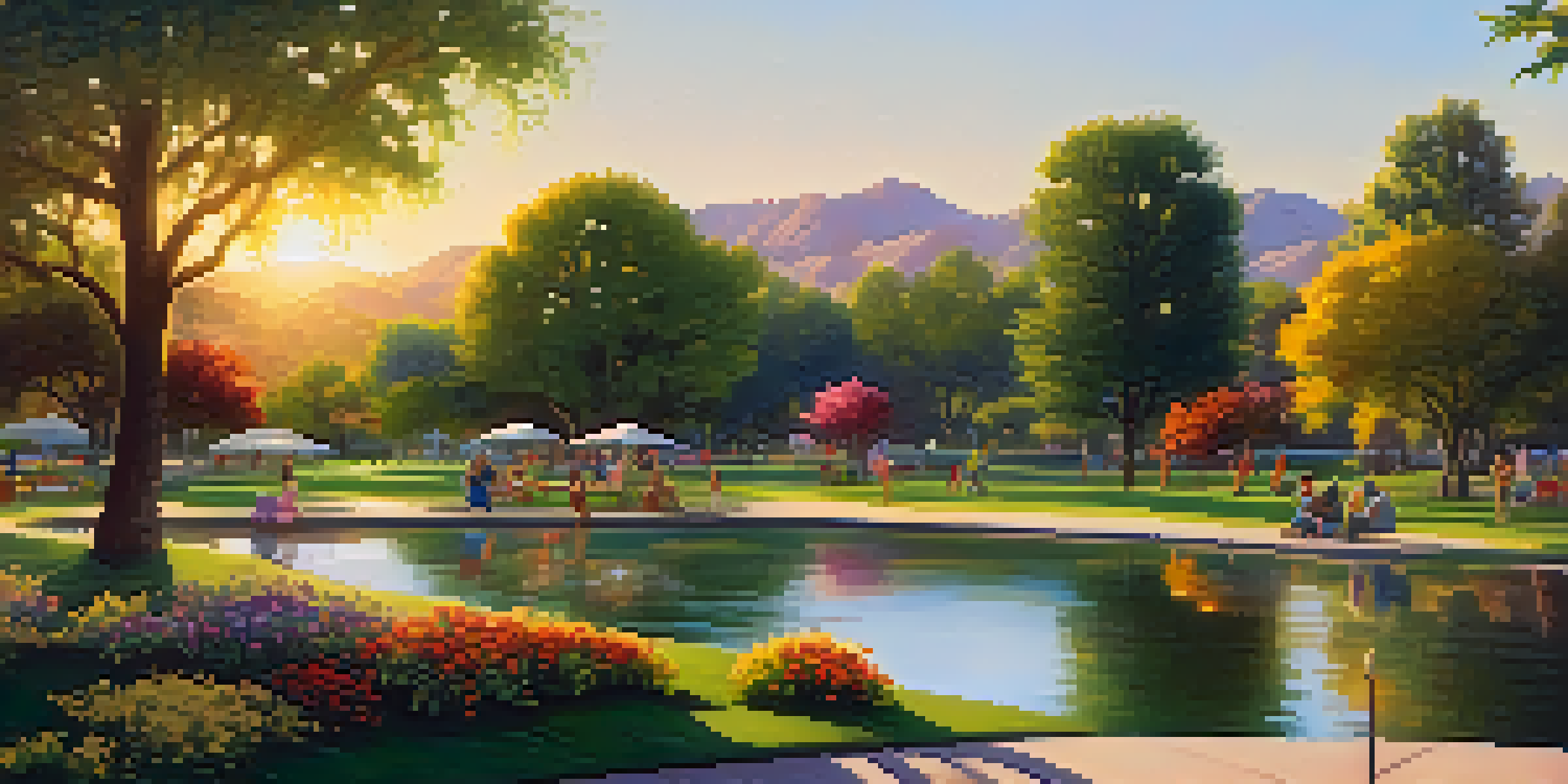 A peaceful park with a lake, green trees, and families enjoying a picnic under a sunset.
