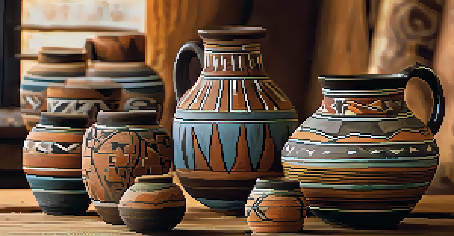 Close-up of Apache pottery with intricate designs displayed on a wooden table, illuminated by soft light.