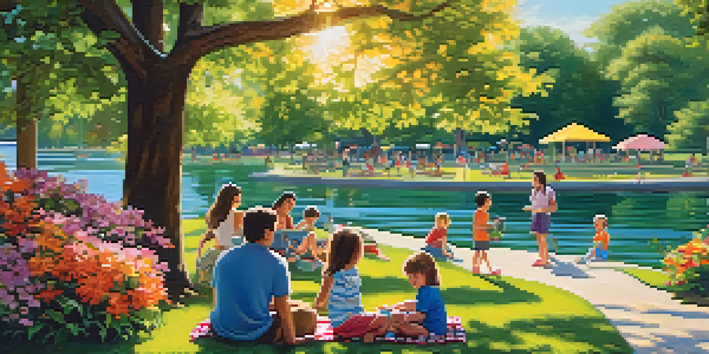 A sunny day at Encanto Park, with families picnicking and children playing on the playground, surrounded by flowers and a lake with paddleboats.