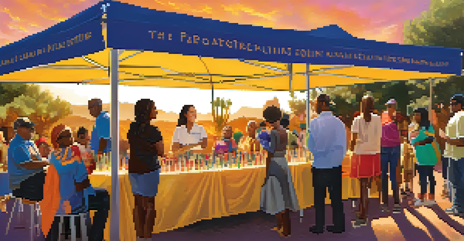 A community event in Phoenix with diverse people gathered around educational and health booths, decorated with colorful banners and flowers during sunset.
