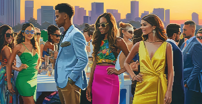 A lively outdoor fashion event in Phoenix with diverse attendees in colorful outfits, set against the city skyline during sunset.