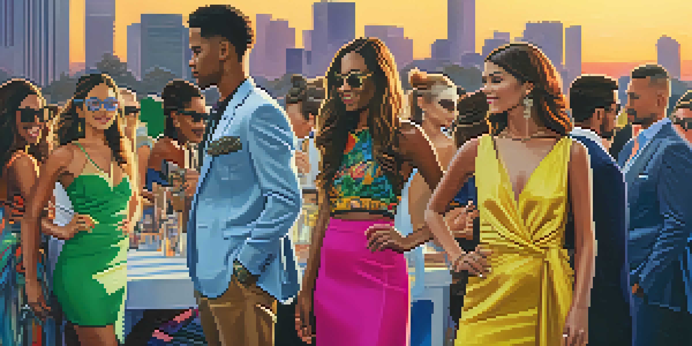A lively outdoor fashion event in Phoenix with diverse attendees in colorful outfits, set against the city skyline during sunset.