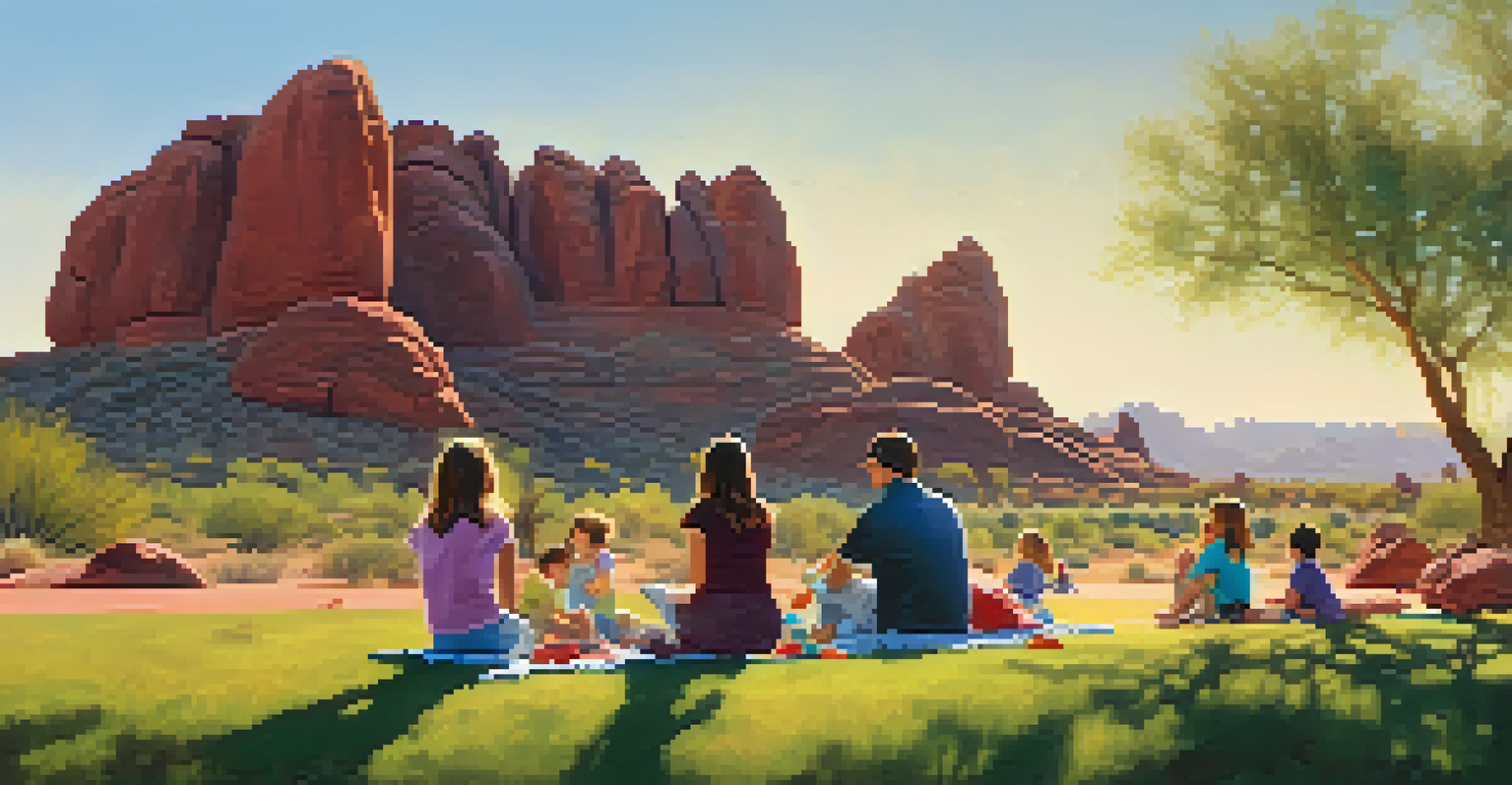 A family having a picnic at Papago Park, with children playing on the grass and red rock formations in the background.