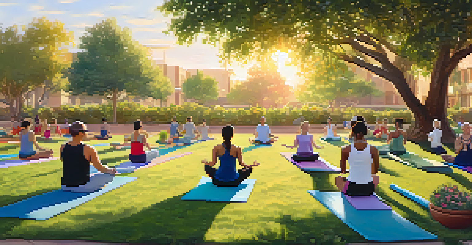 Community members practicing yoga at sunrise in a park, surrounded by nature.