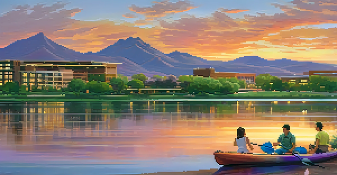 A peaceful sunset view of Tempe Town Lake with a family picnicking and a couple kayaking.