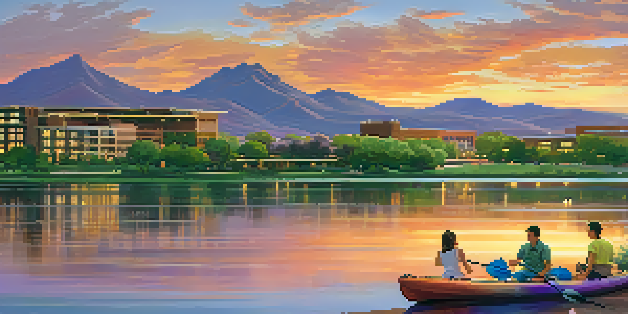 A peaceful sunset view of Tempe Town Lake with a family picnicking and a couple kayaking.