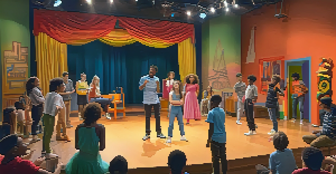 A diverse group of young actors rehearsing on stage with colorful set pieces and bright lights, while a mentor observes.