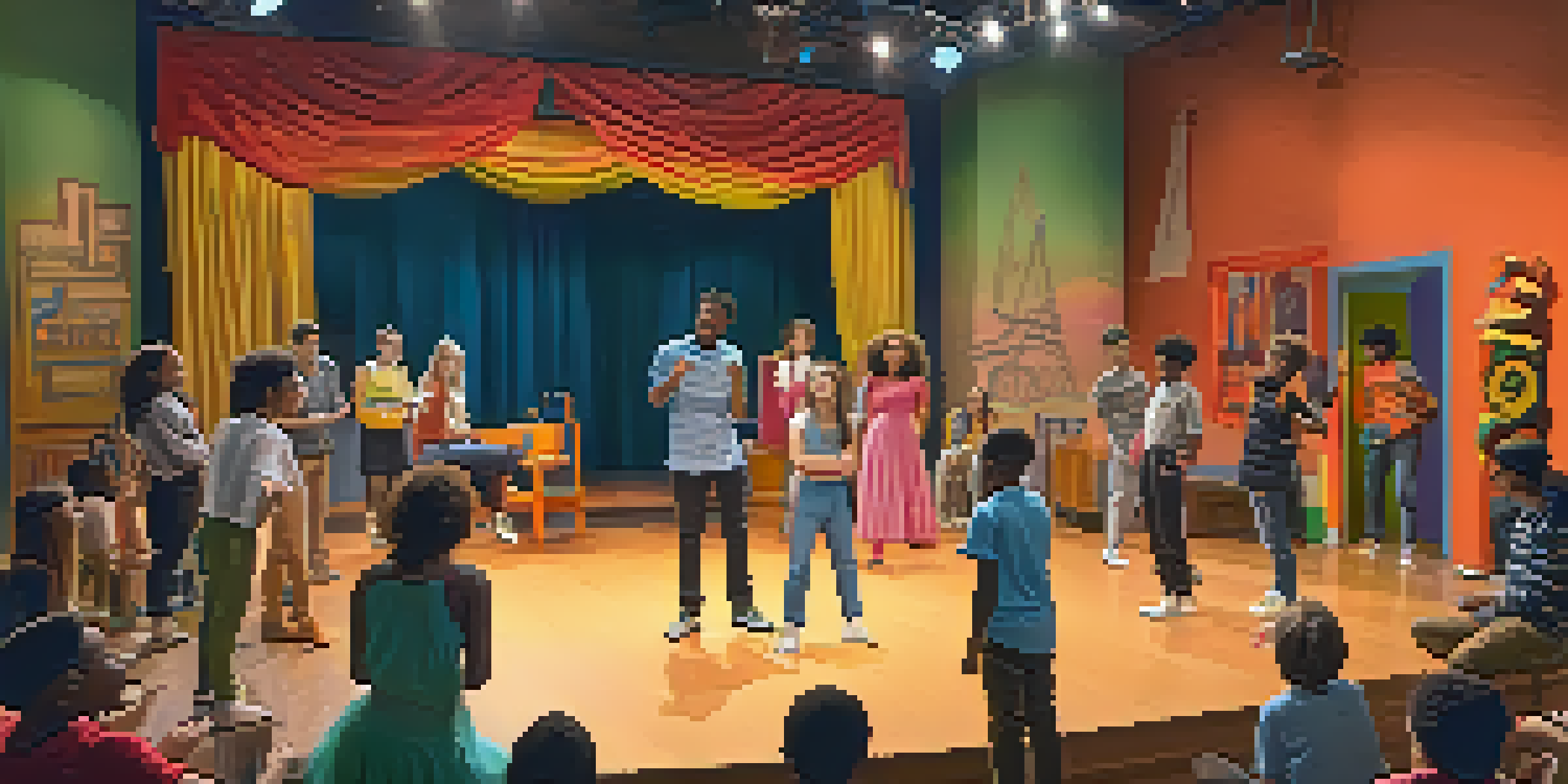 A diverse group of young actors rehearsing on stage with colorful set pieces and bright lights, while a mentor observes.