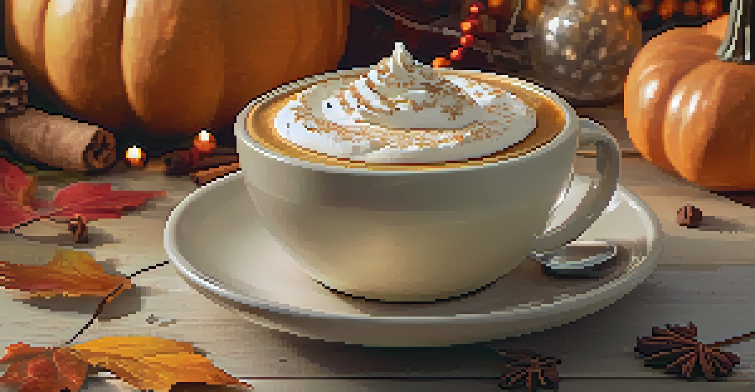 A close-up of a spiced pumpkin latte topped with whipped cream and cinnamon, surrounded by autumn leaves.