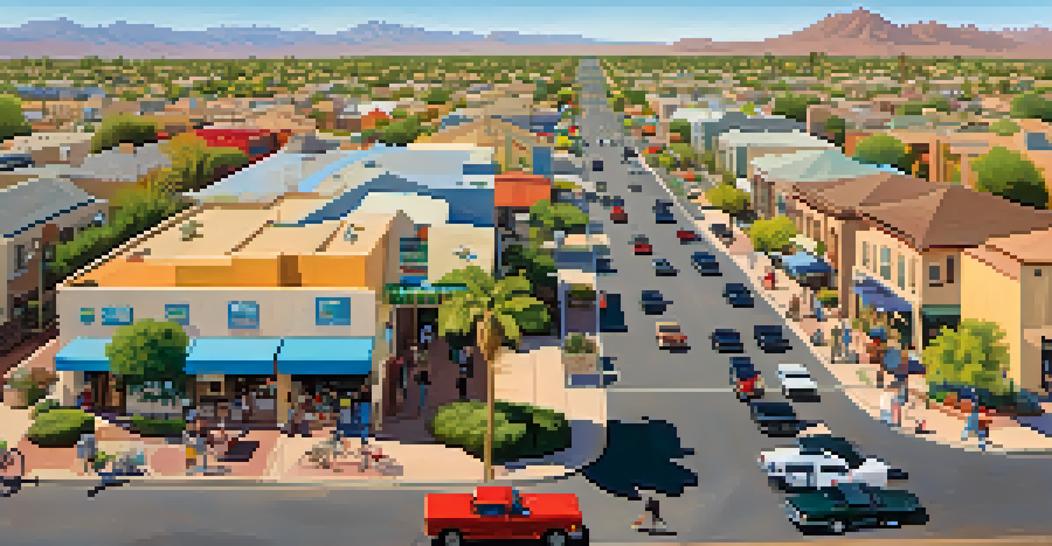 An aerial view of a lively neighborhood in Phoenix with homes, businesses, and a farmers market.