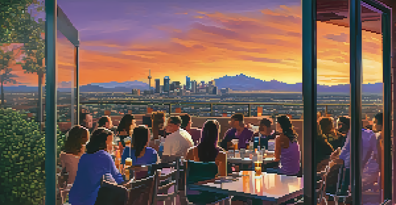 A scenic view from a brewery overlooking the Phoenix skyline during sunset with people seated outdoors.