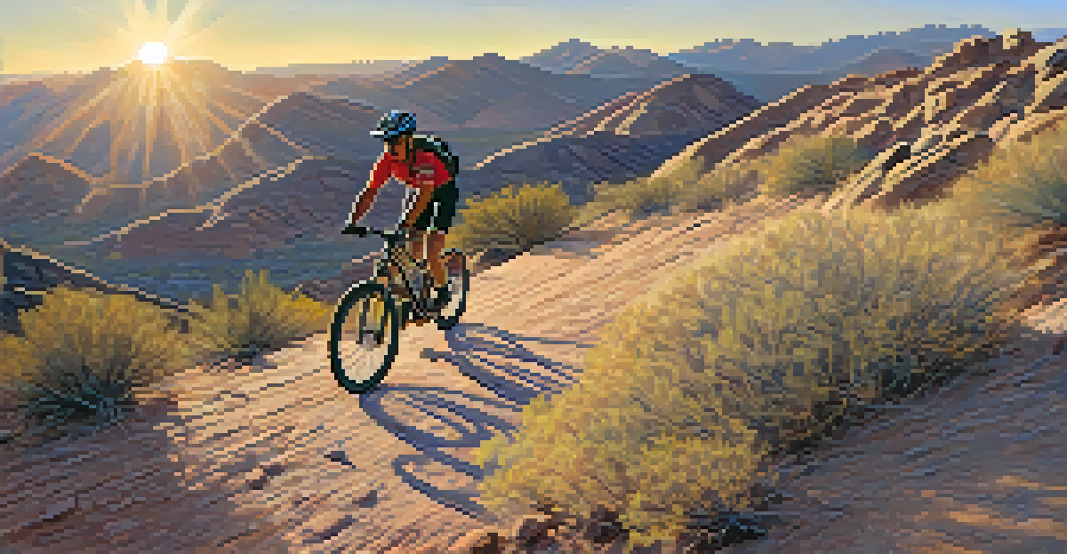A mountain biker riding on a rocky trail at South Mountain Park with desert scenery in the background.