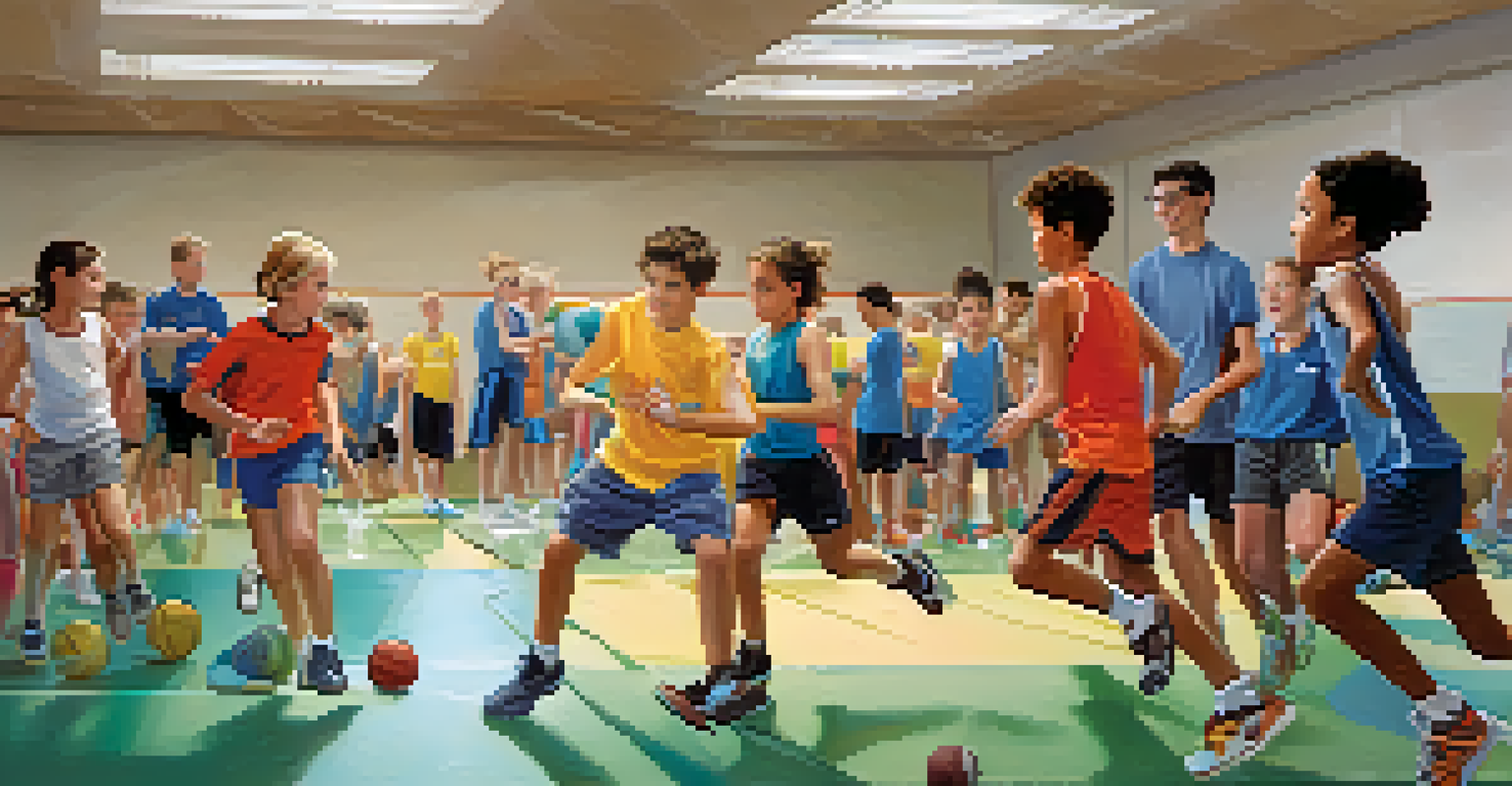 A group of young athletes engaged in a multi-sport training session with a coach, showcasing teamwork and enthusiasm.