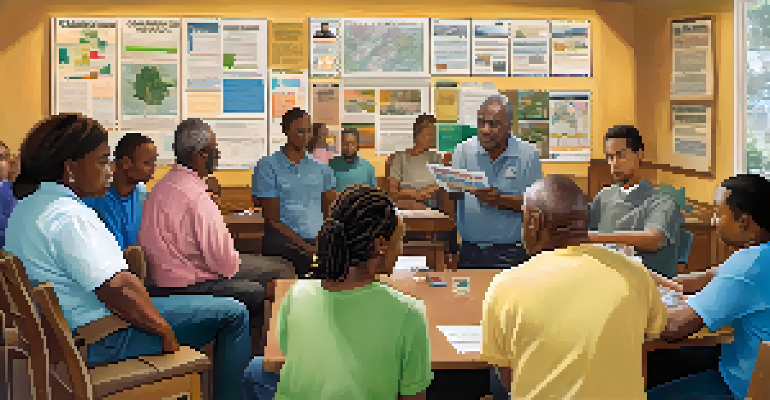 Residents of a neighborhood watch program meeting in a community center, discussing crime prevention strategies with charts and materials on the table.