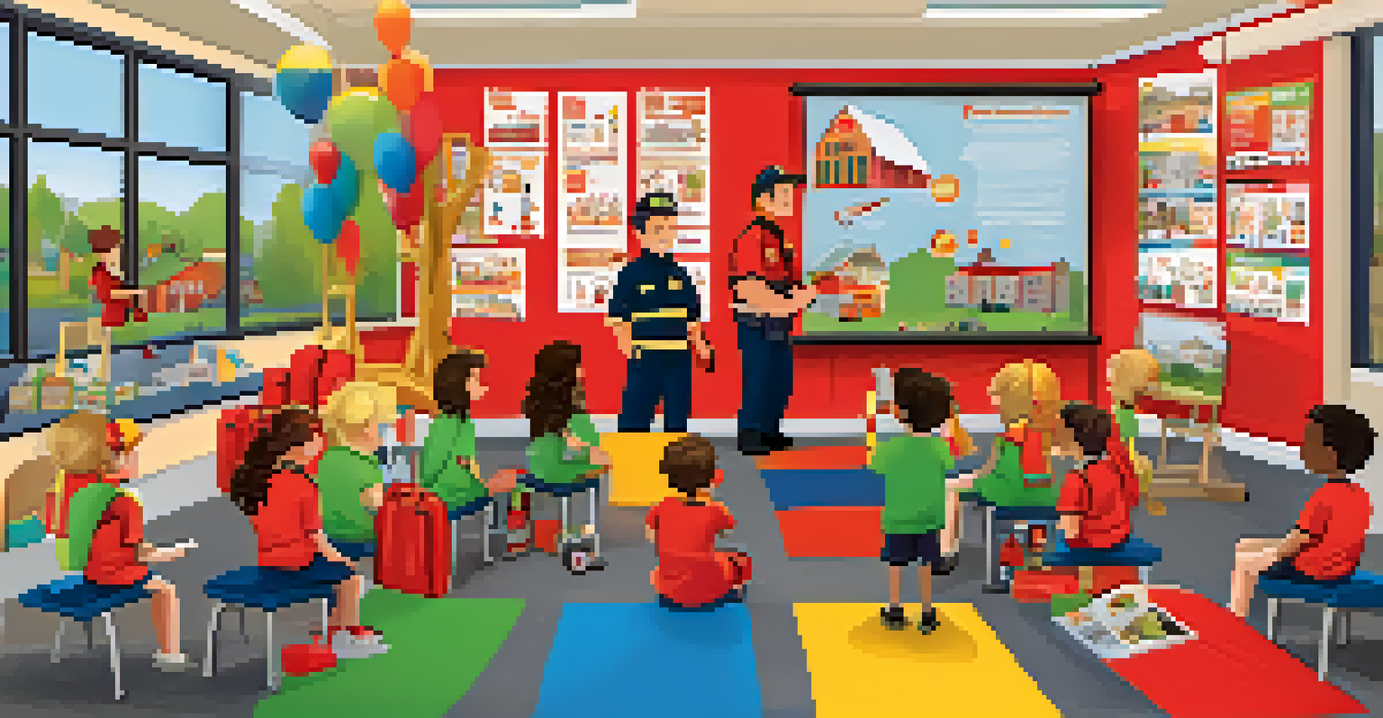 Children in a classroom learning about fire safety from a firefighter, with educational posters on the walls.