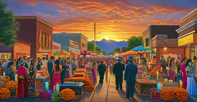 A lively street scene depicting families celebrating Dia de los Muertos with colorful altars and traditional attire against a sunset backdrop.