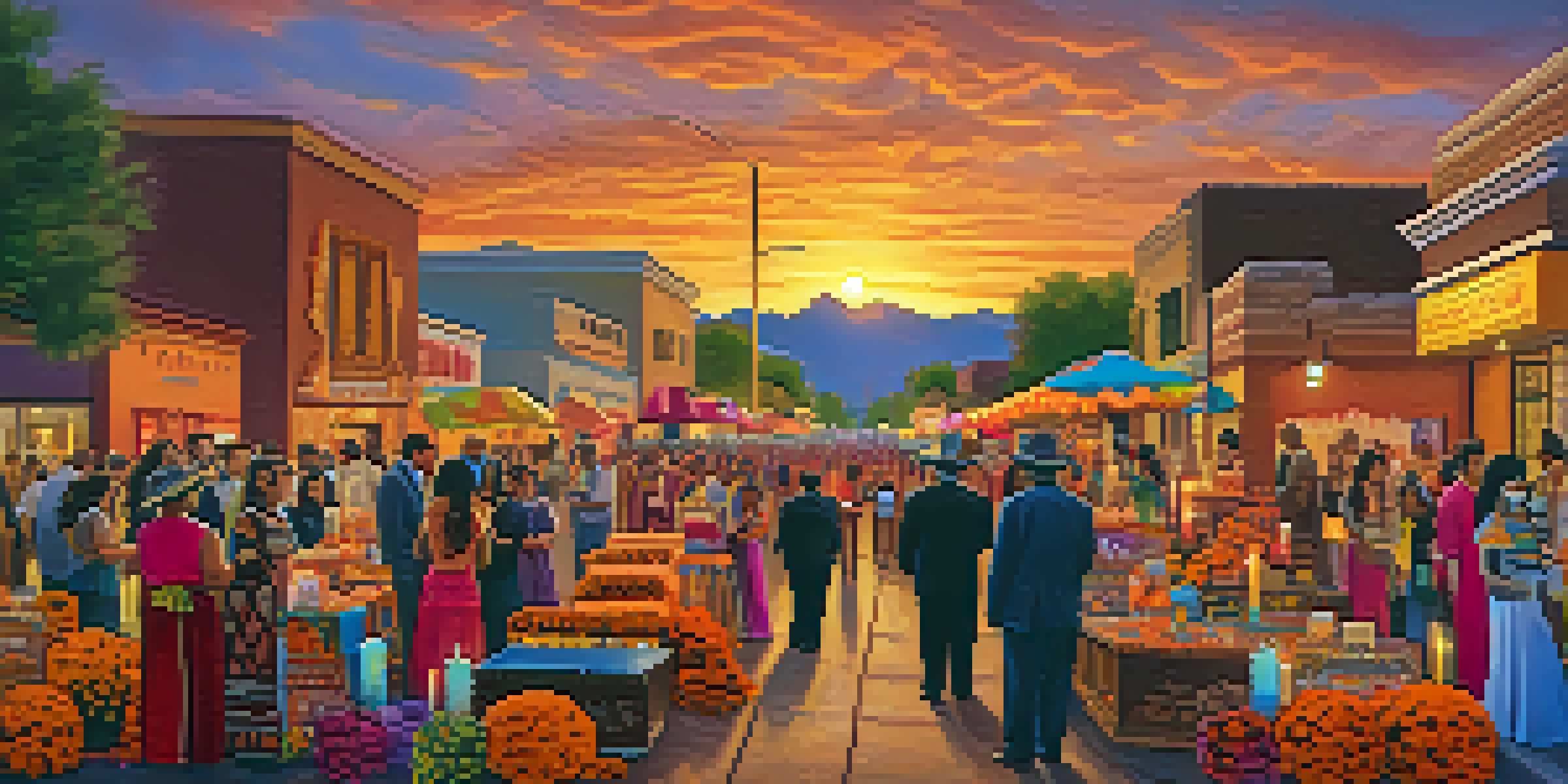 A lively street scene depicting families celebrating Dia de los Muertos with colorful altars and traditional attire against a sunset backdrop.