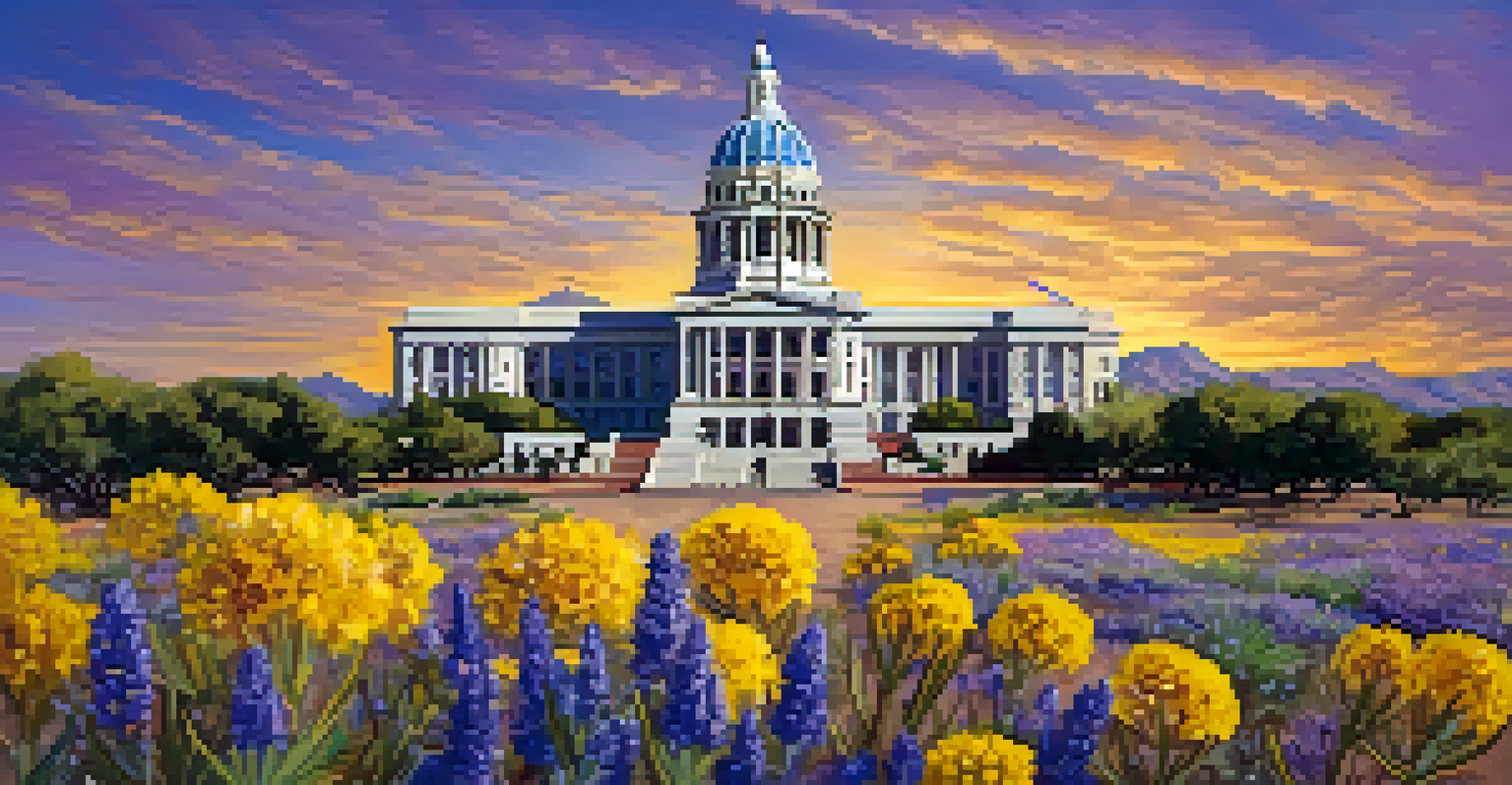 The Arizona State Capitol building with colorful wildflowers in the foreground.