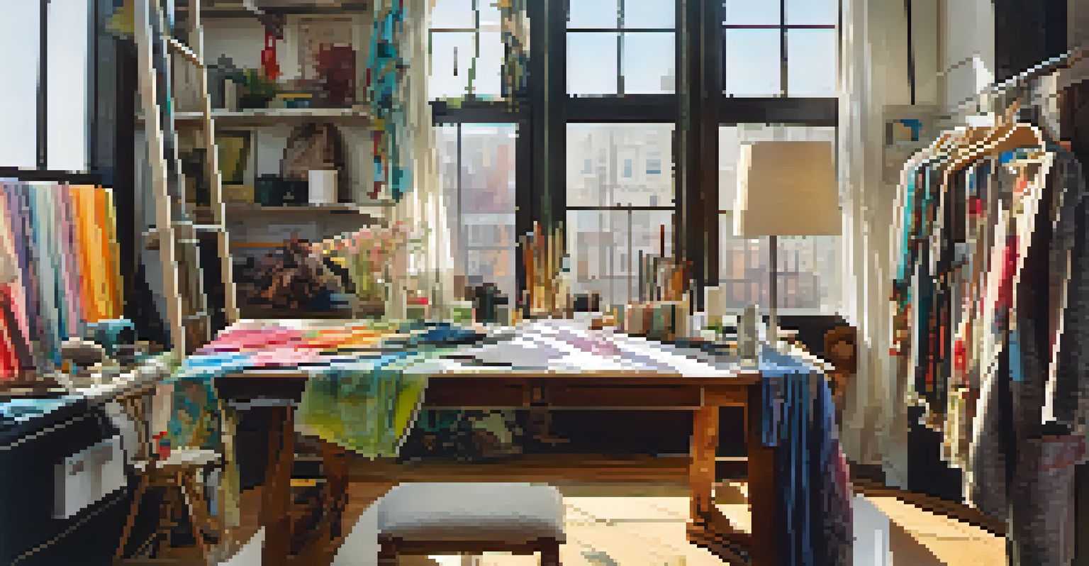 A designer's workspace with eco-friendly garments, colorful fabrics, and sketches, illuminated by natural light.