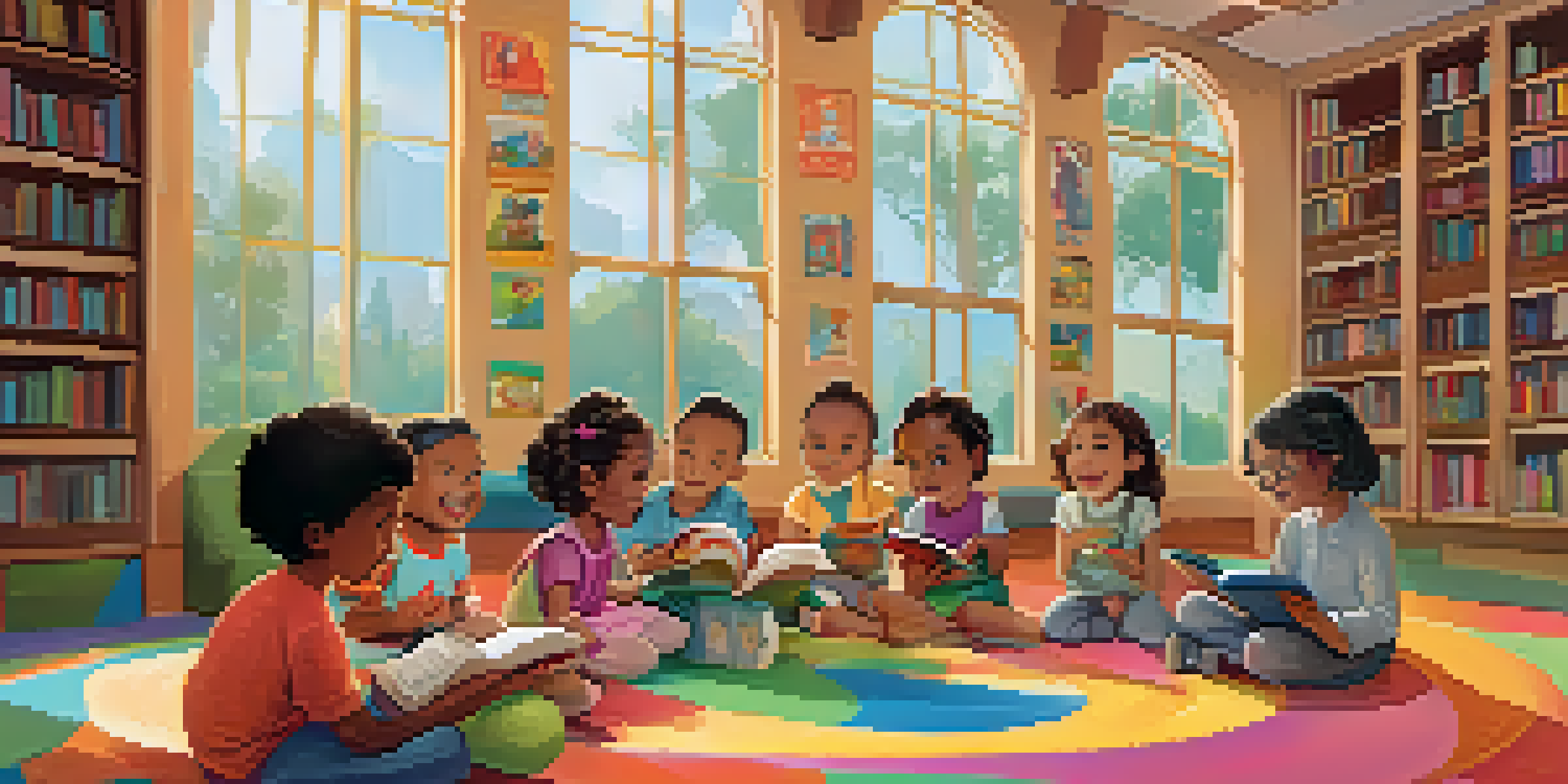 A lively library setting with children and a librarian reading a book during storytime, surrounded by books and sunlight.