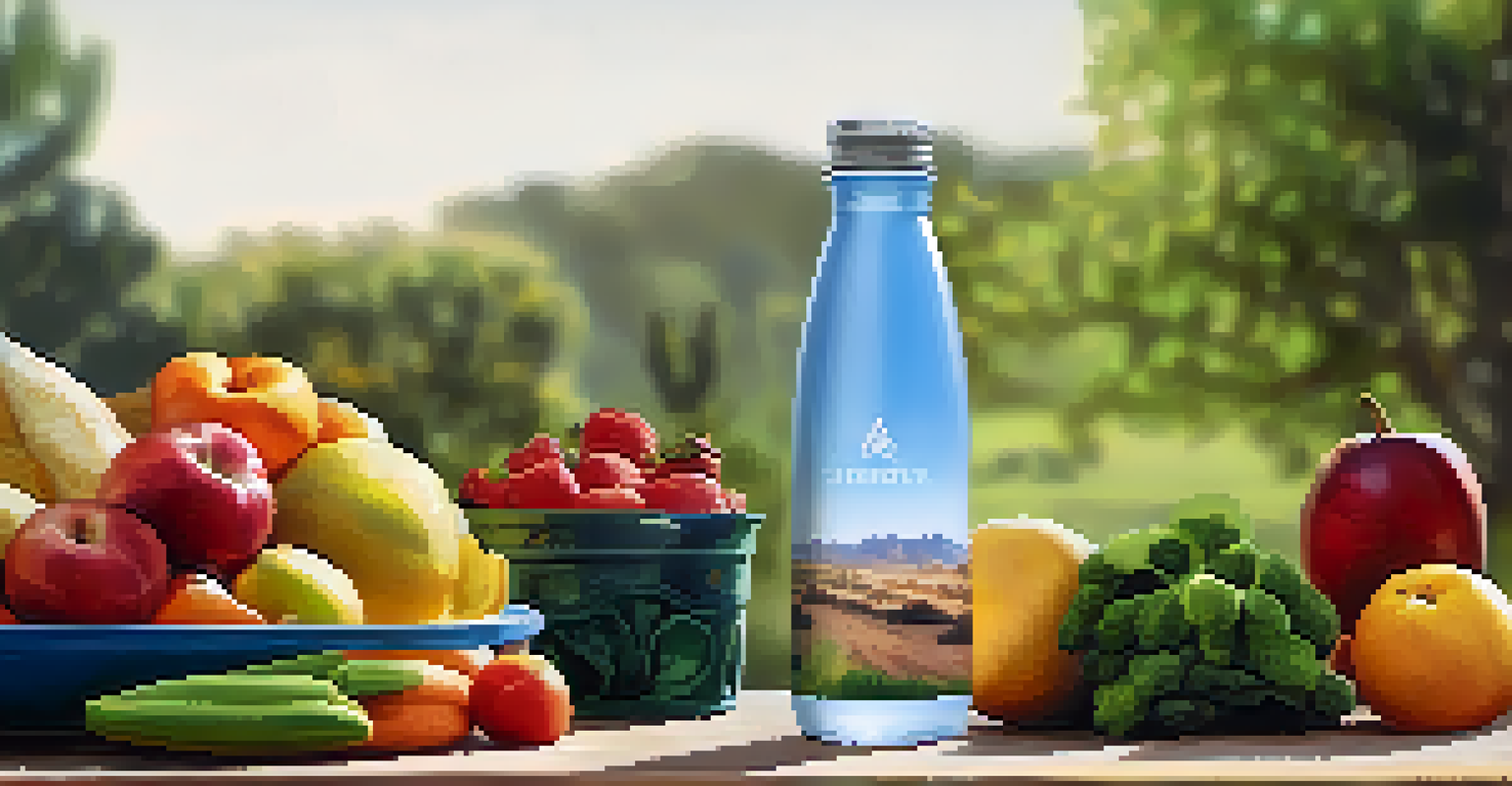 A water bottle on a wooden table with fresh fruits and vegetables in a sunny Phoenix park.