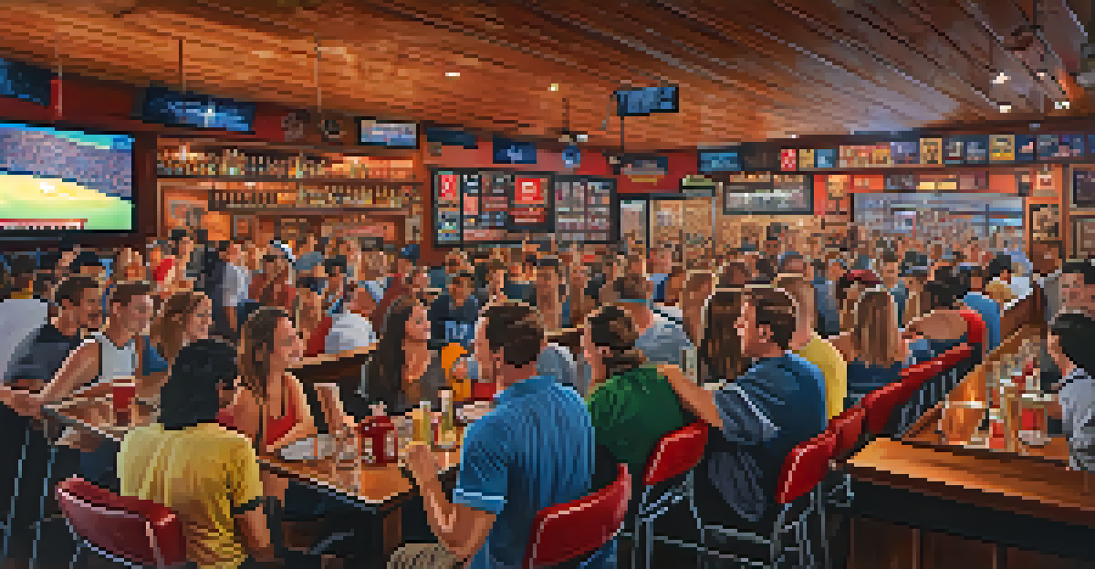 A lively sports bar in Tempe filled with college students cheering for their team, with team decorations and a stage for live music.