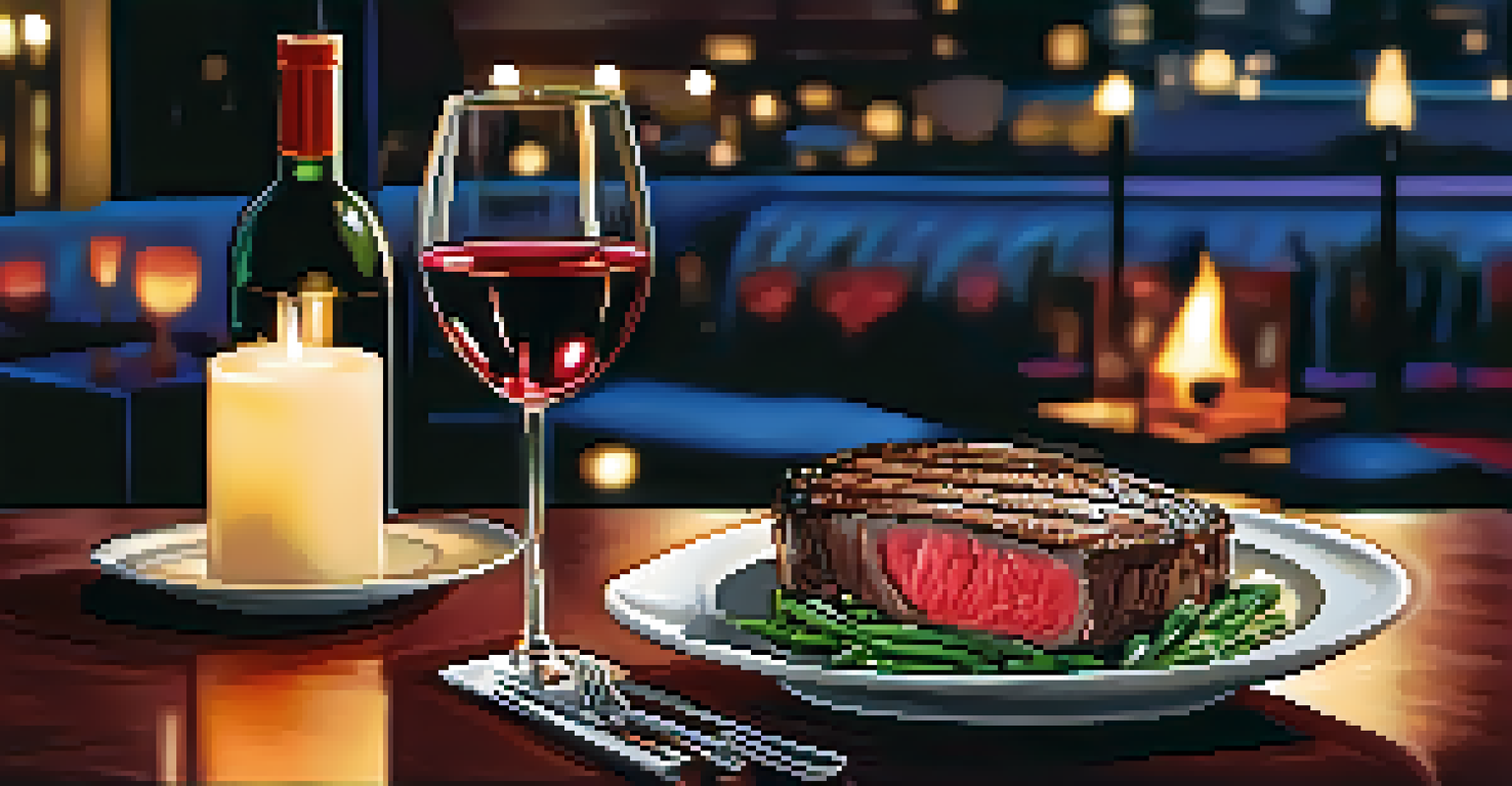 A sophisticated dining scene in Phoenix with grilled steak, a glass of red wine, and a candle-lit table in a chic restaurant.