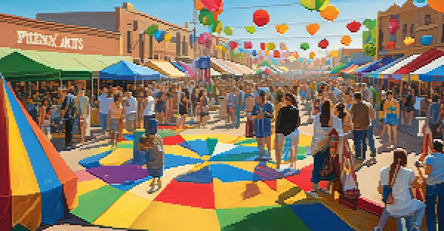 A vibrant festival scene with artists and musicians performing, surrounded by colorful art installations and an engaged audience.