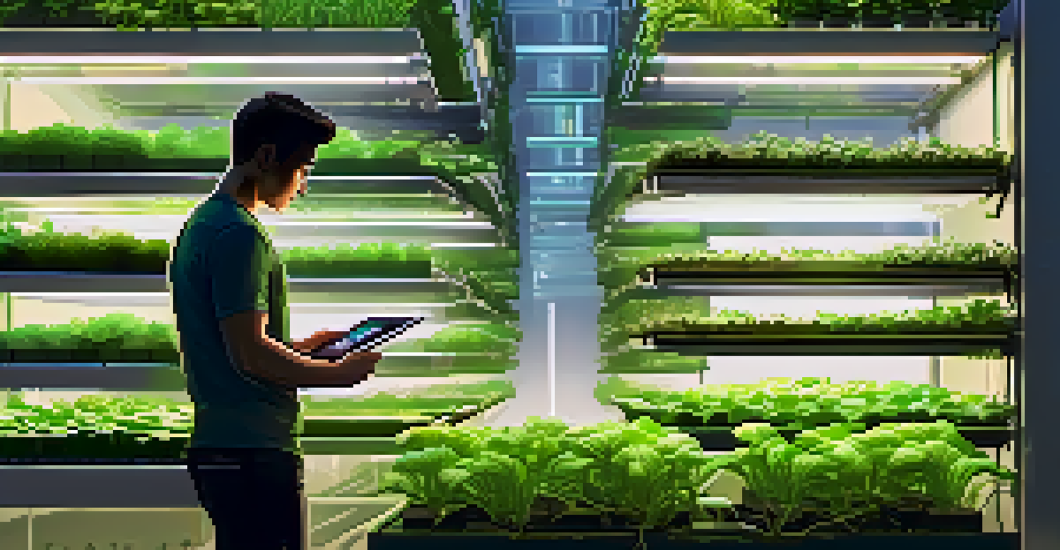 A vertical farm with green plants on stacked shelves, illuminated by LED lights, and a farmer using a tablet, with a city skyline in the background.