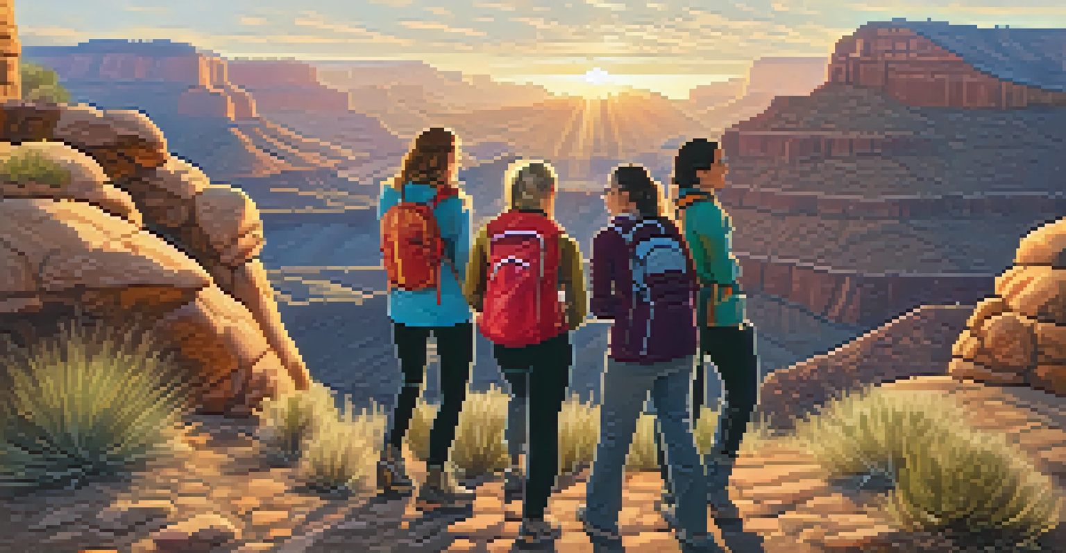 A group of women smiling and chatting on a rocky outcrop during a women-only hiking event, with a sunset illuminating the Arizona landscape.
