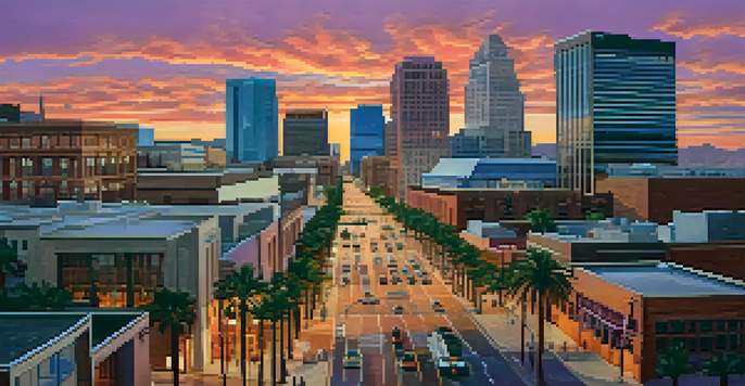 A sunset view of downtown Phoenix with skyscrapers and a lively street with palm trees.