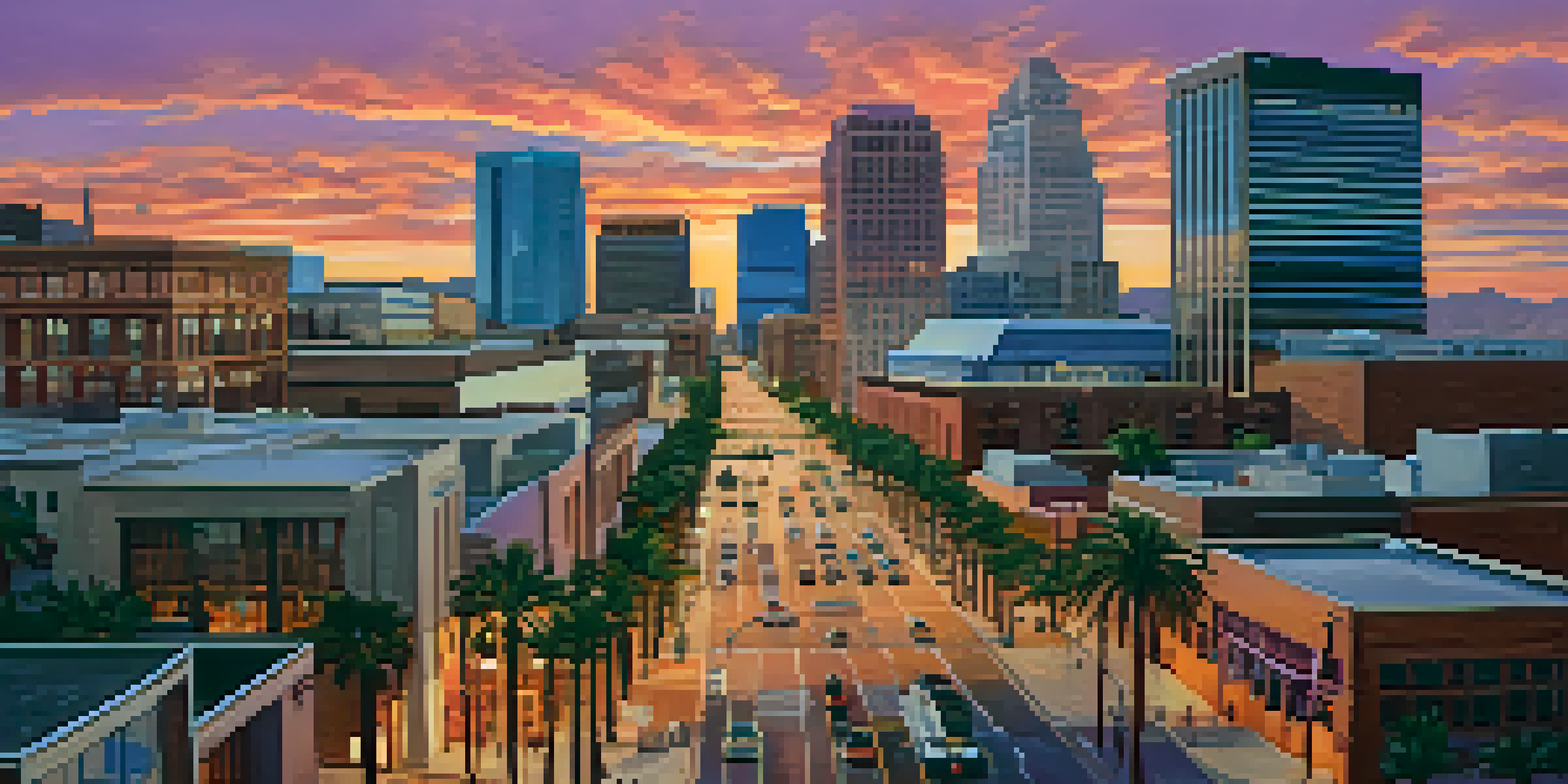 A sunset view of downtown Phoenix with skyscrapers and a lively street with palm trees.