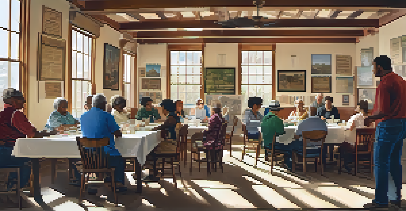 A diverse group of participants engaged in a community workshop at a historical society in Phoenix, discussing artifacts and documents surrounded by local history posters.