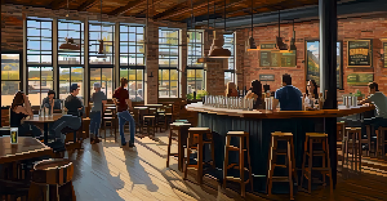 The cozy interior of a Phoenix craft brewery with wooden tables, a bartender pouring beer, and patrons chatting, highlighted by natural light.